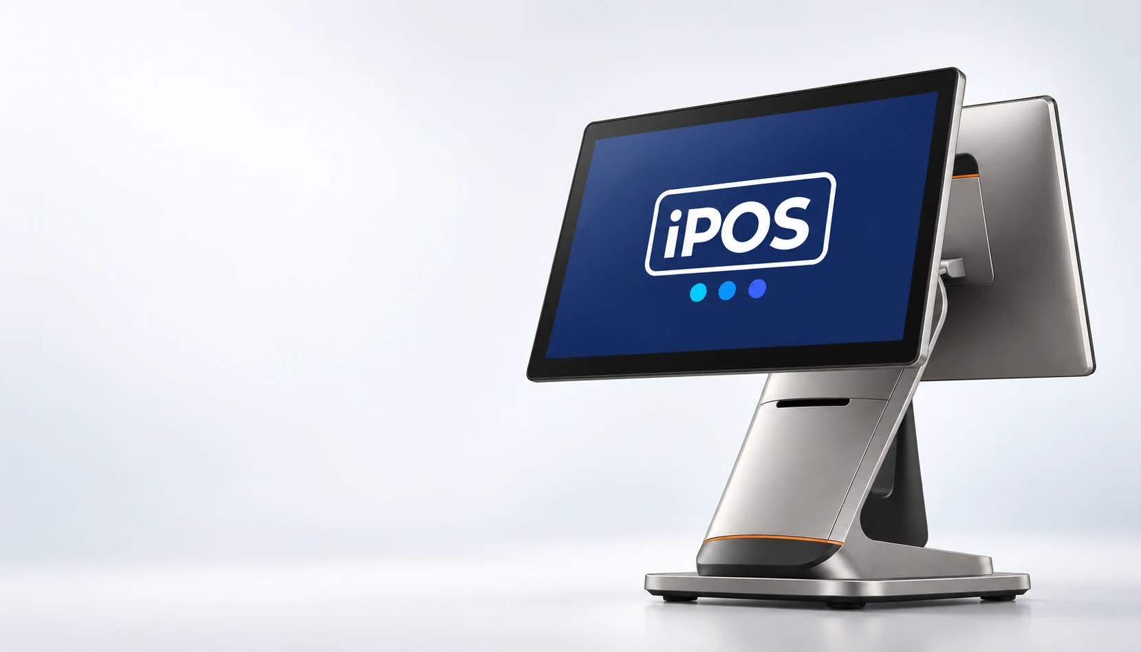 The iPOS touchscreen terminal photographed in a cool, softly lit studio